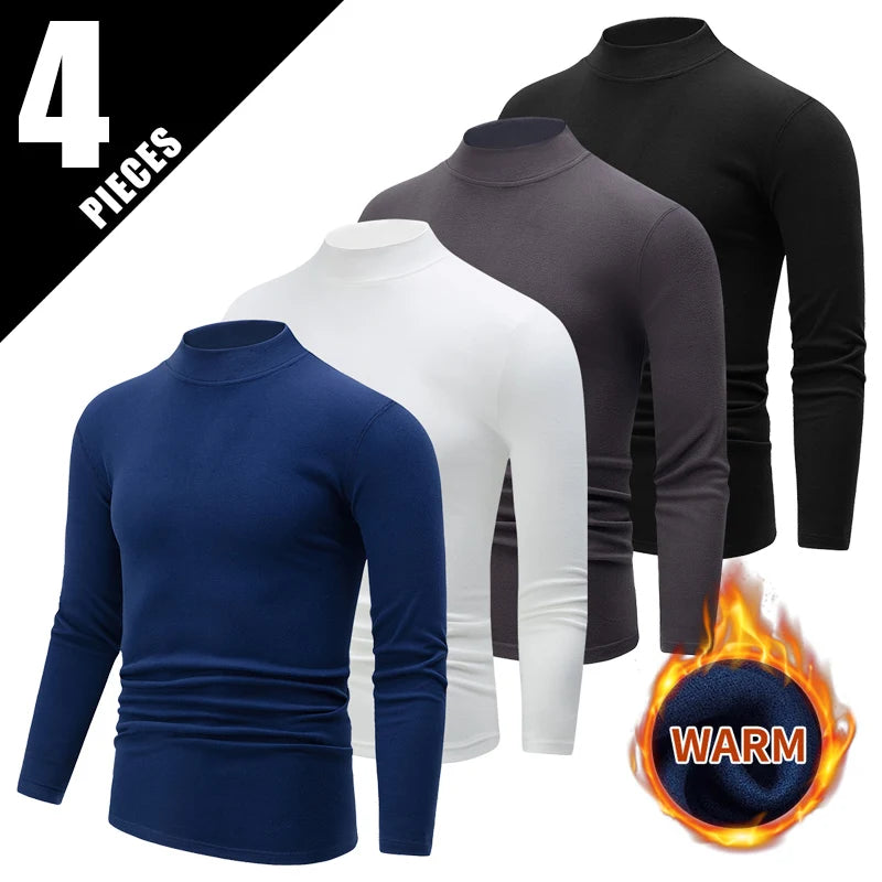 4/1 Piece Autumn And Winter Men's Semi High Neck Warm Windproof Base Top Solid Color Versatile Youth Casual Sports Thick Base T-