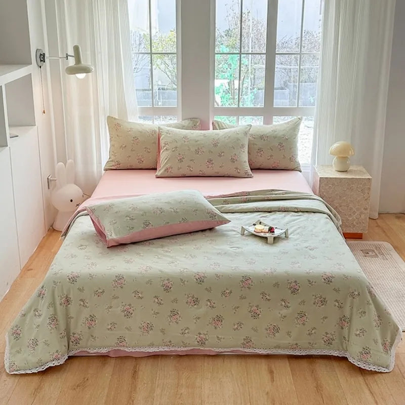 2025 new small fresh printed knitted double-layer yarn Korean version lace summer quilt four-piece summer air conditioner quilt