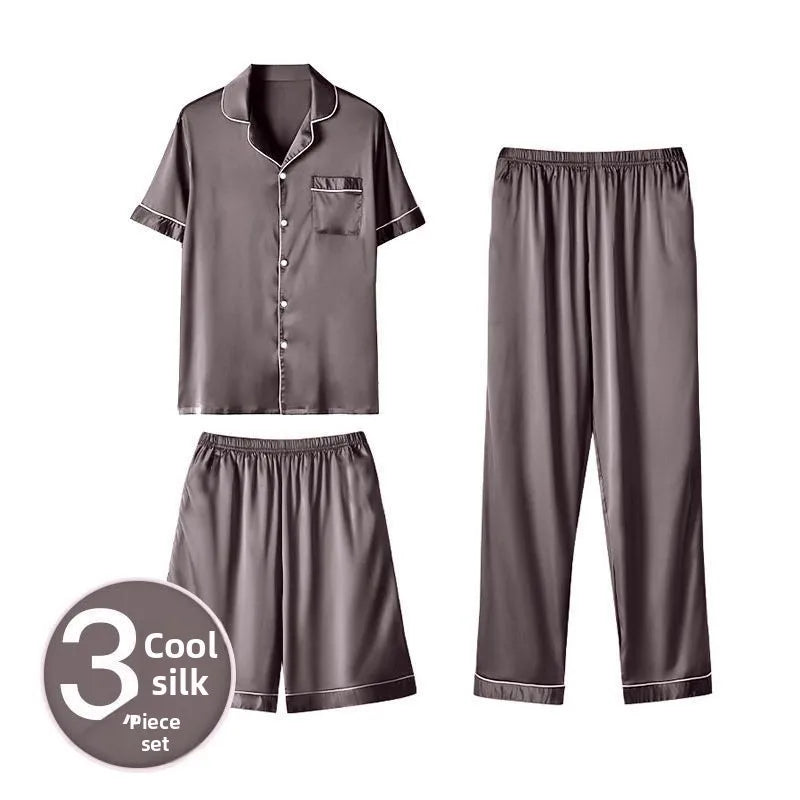 Men's Summer Silk Spwear ort Sve Thin Ice Silk Large Size Home Clothes Tee-piece Set Couple's Lightweight Pajamas