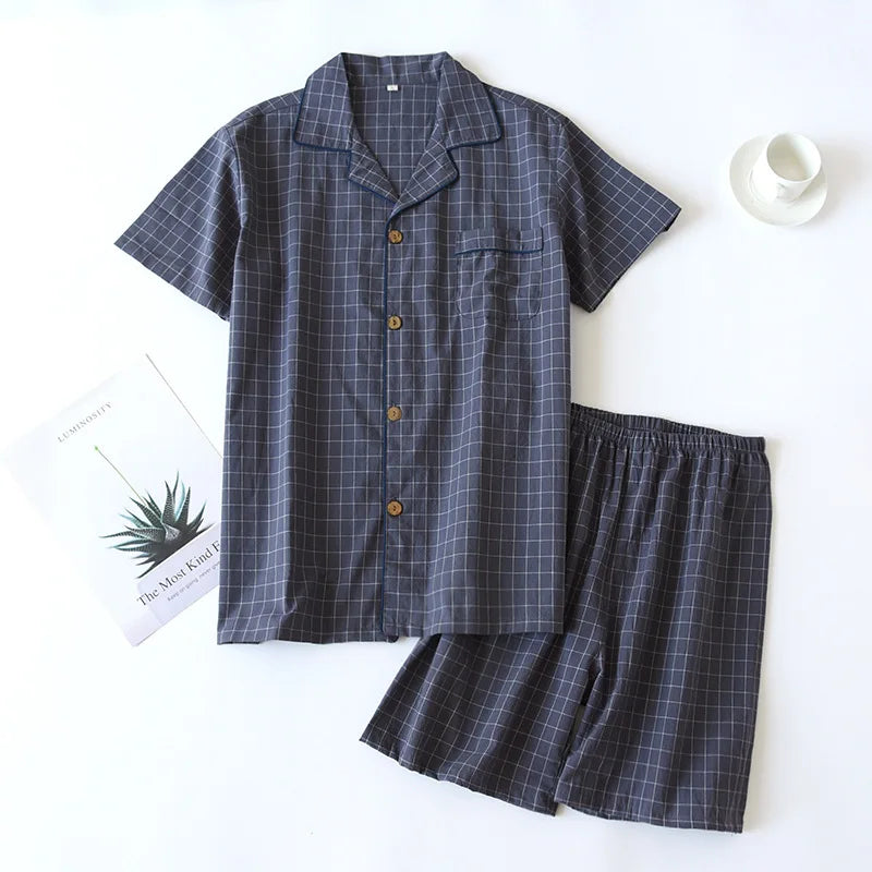 Summer new couple pajamas two-piece men's plaid short-sleeved shorts 100% cotton gauze ladies simple home service set sleepwear