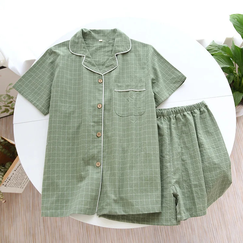 Summer new couple pajamas two-piece men's plaid short-sleeved shorts 100% cotton gauze ladies simple home service set sleepwear