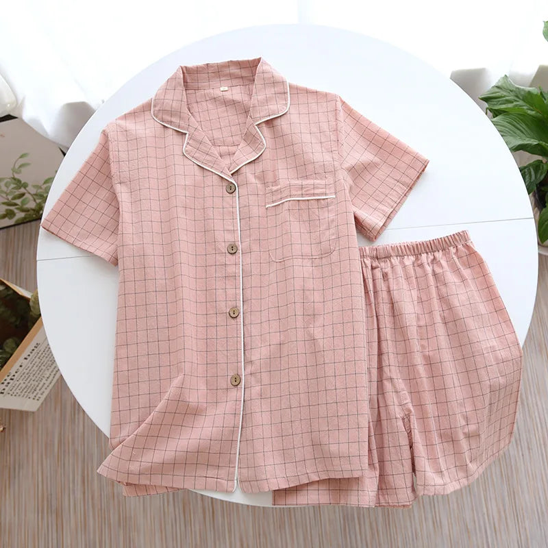 Summer new couple pajamas two-piece men's plaid short-sleeved shorts 100% cotton gauze ladies simple home service set sleepwear