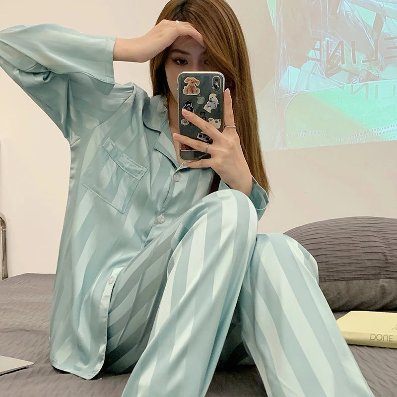 2 Piece Pajama Set Spring Summer Long Sleeve Pajamas Faux Silk Sleepwear Letter Print Casual Satin Pajama Set for Couples Outfit