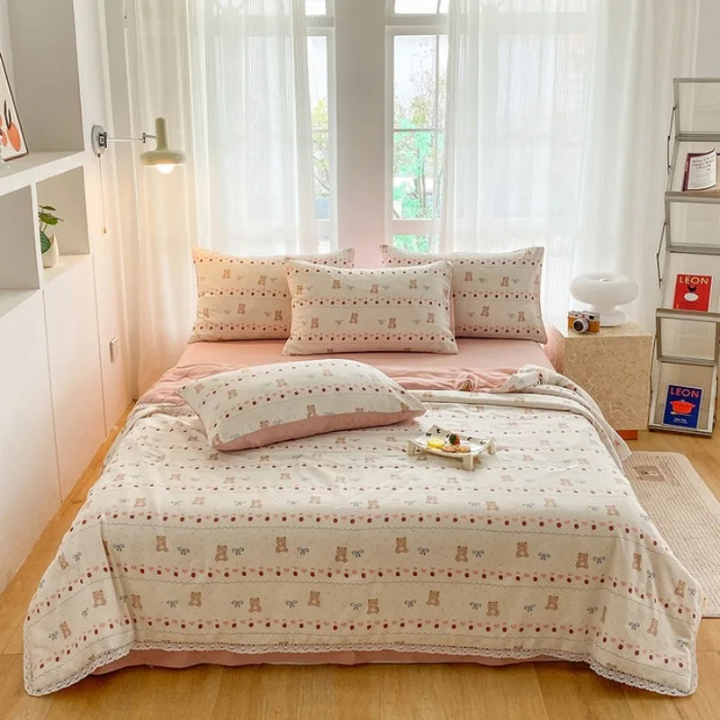 2025 new small fresh printed knitted double-layer yarn Korean version lace summer quilt four-piece summer air conditioner quilt