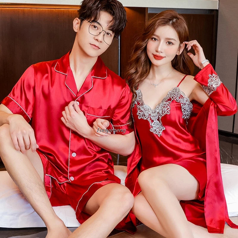 Sexy Lace Pajama Suit Satin Silk Pyjamas Sets Couple Sleepwear Casual Family Pijama Lover Nightgowns Men Women Plus Size Pajamas
