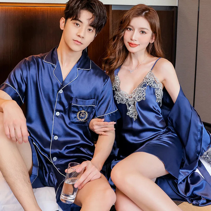 Sexy Lace Pajama Suit Satin Silk Pyjamas Sets Couple Sleepwear Casual Family Pijama Lover Nightgowns Men Women Plus Size Pajamas