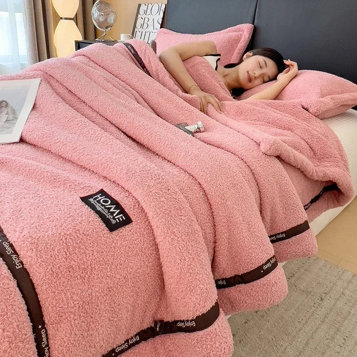 Solid color Class A thickened half-edge fleece light luxury sofa blanket coral fleece blanket multi-functional blanket