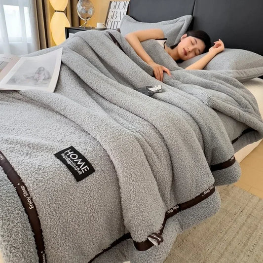 Solid color Class A thickened half-edge fleece light luxury sofa blanket coral fleece blanket multi-functional blanket