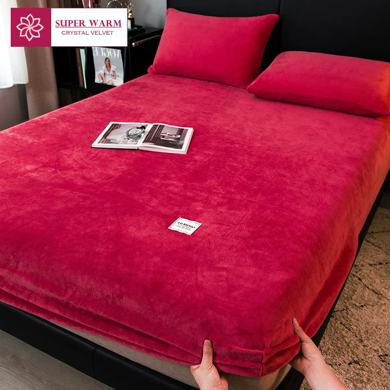 WOSTAR Soft warm plush fitted sheet elastic mattress cover fluffy coral fleece bed linen winter couple luxury double bed bedding