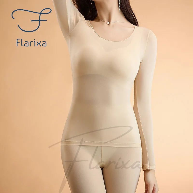 Flarixa Seamless Thermal Underwear Set Women First Layer Thermal Top Long Johns 2Pcs Suit Winter Thermo Clothing Ladies Thin