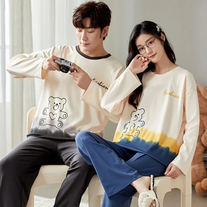 Couple's Pijama Sets M-3XL Autumn Spring Pajamas Lovely Cartoon Sleepwear Cotton Pyjamas For Women Man Top Pant Leisure Outwear