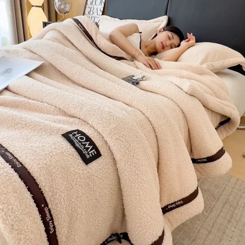 Solid color Class A thickened half-edge fleece light luxury sofa blanket coral fleece blanket multi-functional blanket