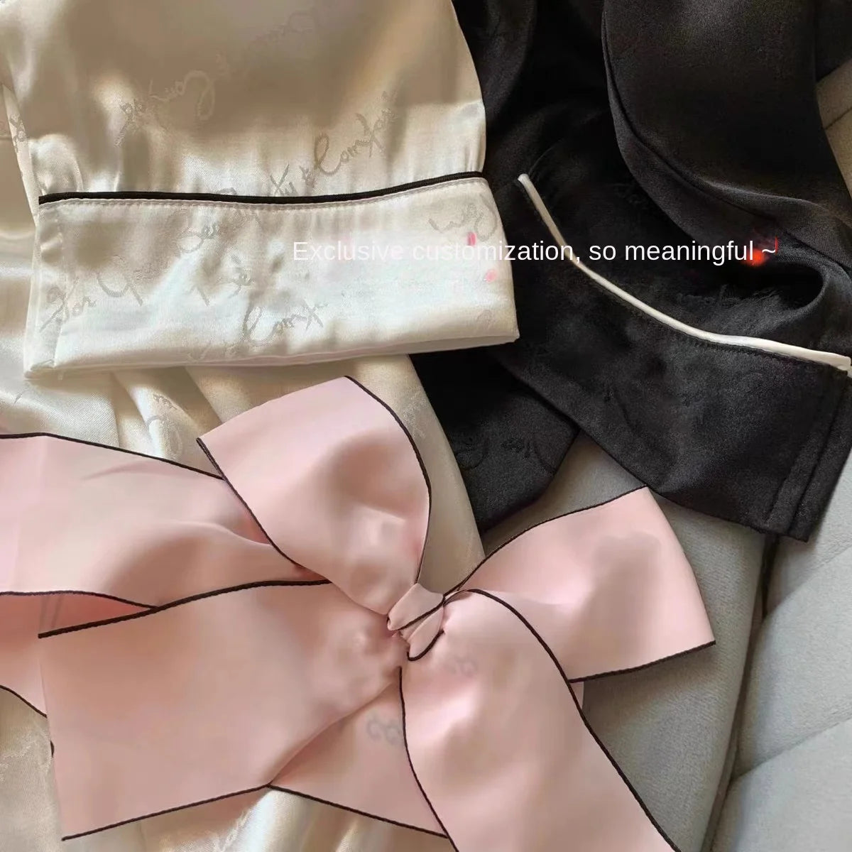 2 Piece Pajama Set Spring Summer Long Sleeve Pajamas Faux Silk Sleepwear Letter Print Casual Satin Pajama Set for Couples Outfit