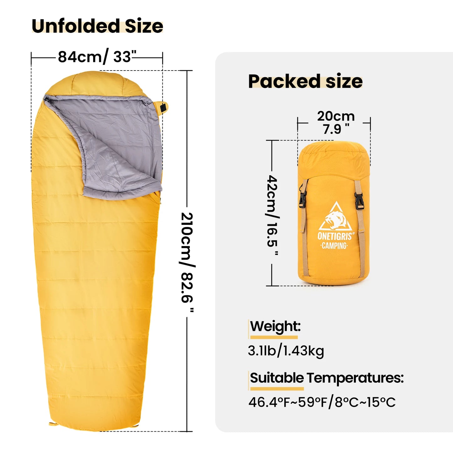 OneTigris Ultralight Sleeping Bag Mummy Cotton Sleeping Bags Bushcrafter’s Survival Equipment for Camping&Hiking 8℃-15℃