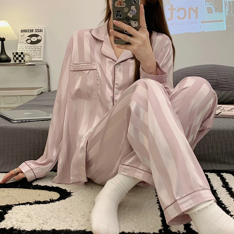 2 Piece Pajama Set Spring Summer Long Sleeve Pajamas Faux Silk Sleepwear Letter Print Casual Satin Pajama Set for Couples Outfit