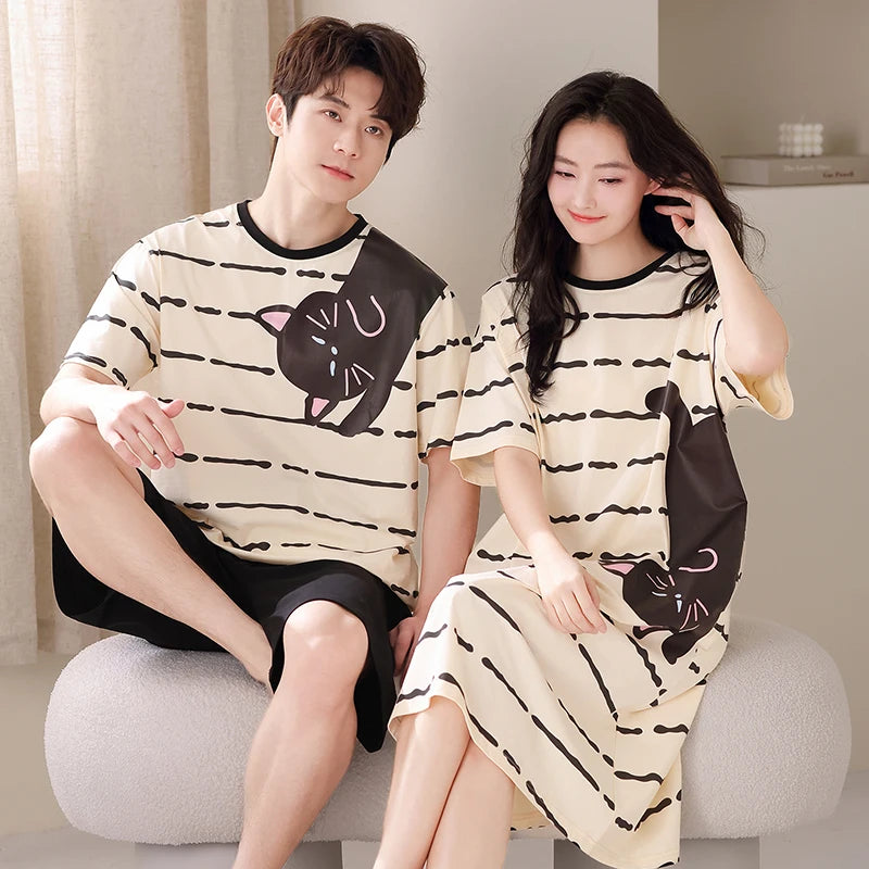 Newest Couple Pajamas Set Summer Short Sleeve Sleepwear 100% Cotton Men Women Striped Pijamas Women Nightgown With Chest Pad