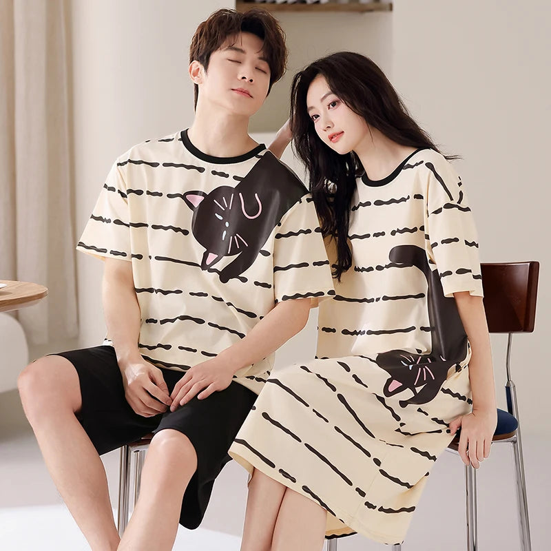 Newest Couple Pajamas Set Summer Short Sleeve Sleepwear 100% Cotton Men Women Striped Pijamas Women Nightgown With Chest Pad