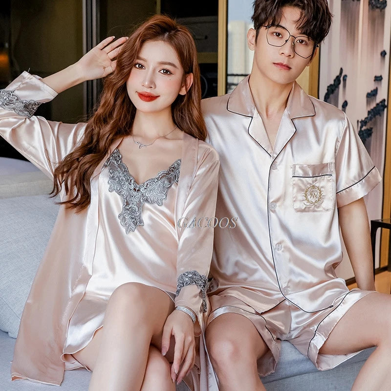 Sexy Lace Pajama Suit Satin Silk Pyjamas Sets Couple Sleepwear Casual Family Pijama Lover Nightgowns Men Women Plus Size Pajamas
