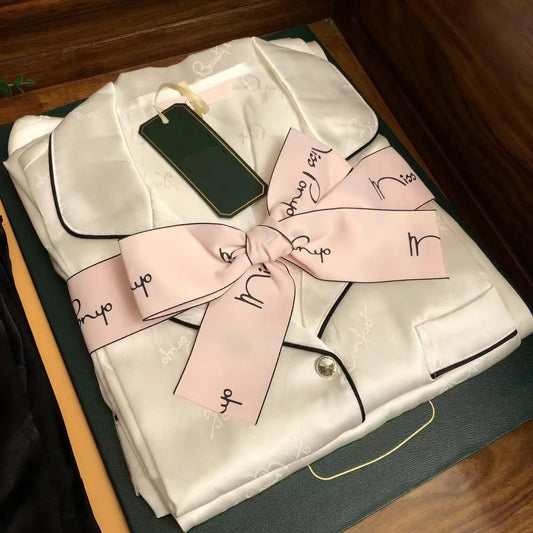 2 Piece Pajama Set Spring Summer Long Sleeve Pajamas Faux Silk Sleepwear Letter Print Casual Satin Pajama Set for Couples Outfit