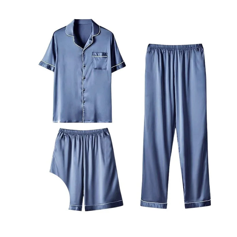 Men's Summer Silk Spwear ort Sve Thin Ice Silk Large Size Home Clothes Tee-piece Set Couple's Lightweight Pajamas