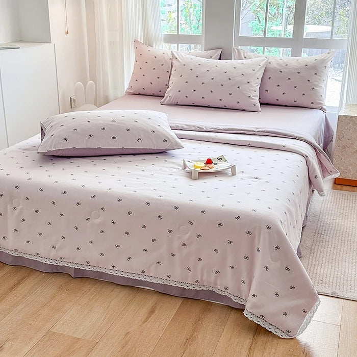 2025 new small fresh printed knitted double-layer yarn Korean version lace summer quilt four-piece summer air conditioner quilt