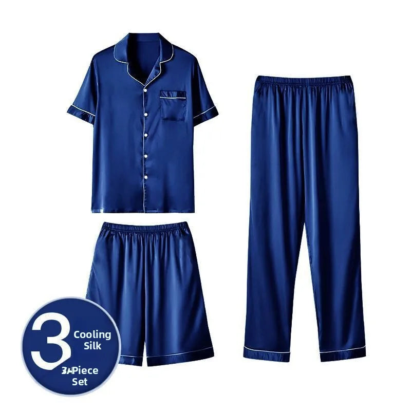 Men's Summer Silk Spwear ort Sve Thin Ice Silk Large Size Home Clothes Tee-piece Set Couple's Lightweight Pajamas