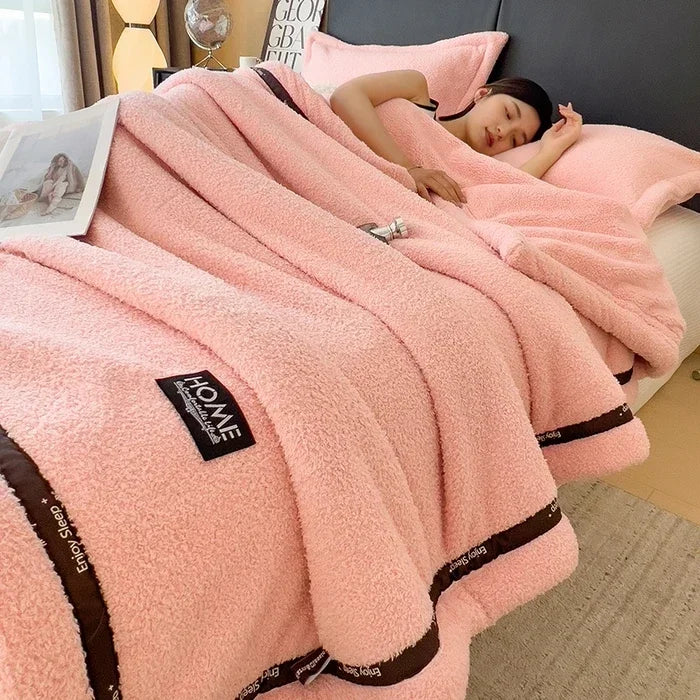 Solid color Class A thickened half-edge fleece light luxury sofa blanket coral fleece blanket multi-functional blanket