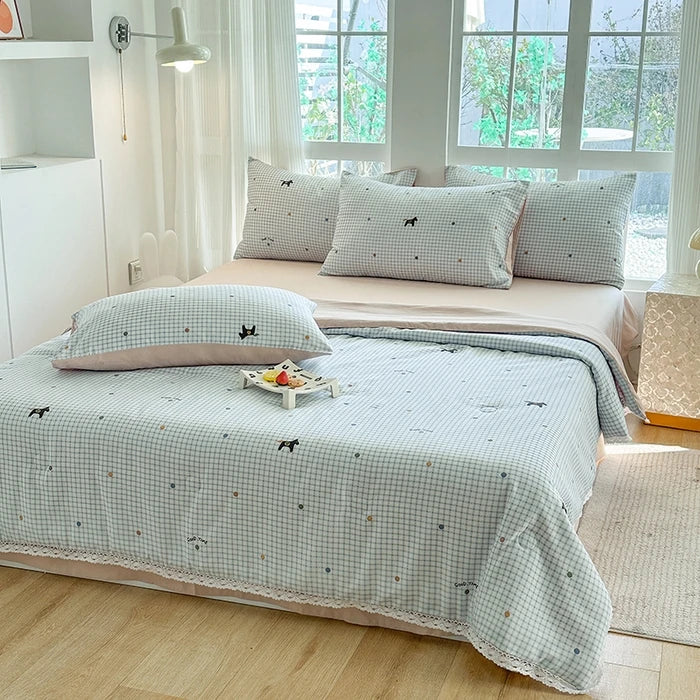 2025 new small fresh printed knitted double-layer yarn Korean version lace summer quilt four-piece summer air conditioner quilt