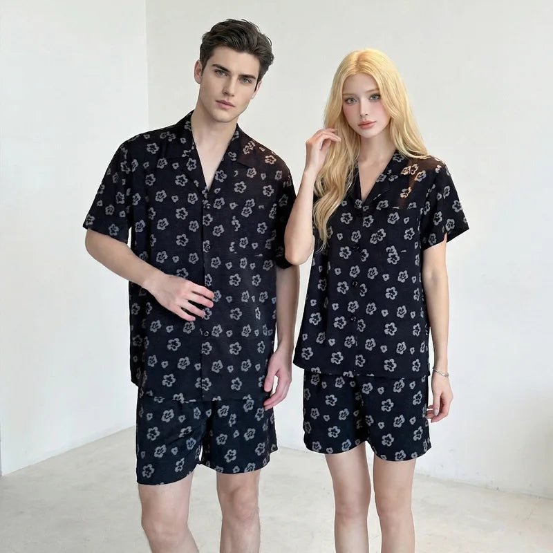 26 Spring Summer Print Couple Pajamas Women Men Short-sleeve Pants 2piece Set Plus-size Ice Silk Fashion Nightgown Sleepwear