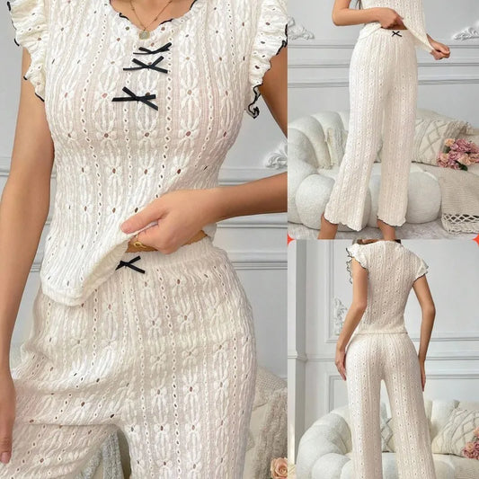 European and American style sexy hollow spring and summer new high-end lace texture women's pajama set