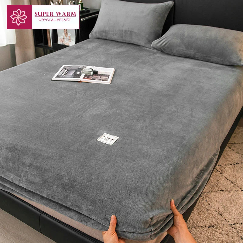 WOSTAR Soft warm plush fitted sheet elastic mattress cover fluffy coral fleece bed linen winter couple luxury double bed bedding