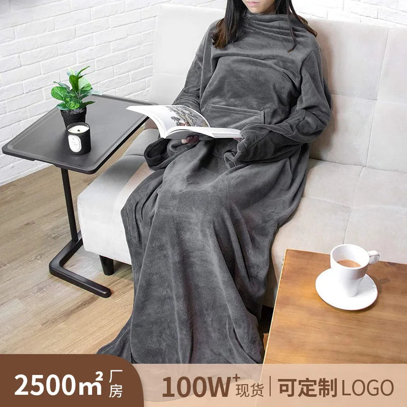 Large Pocket Multi functional Wearable Lazy Sleeve Blanket Anti static Flannel Blanket