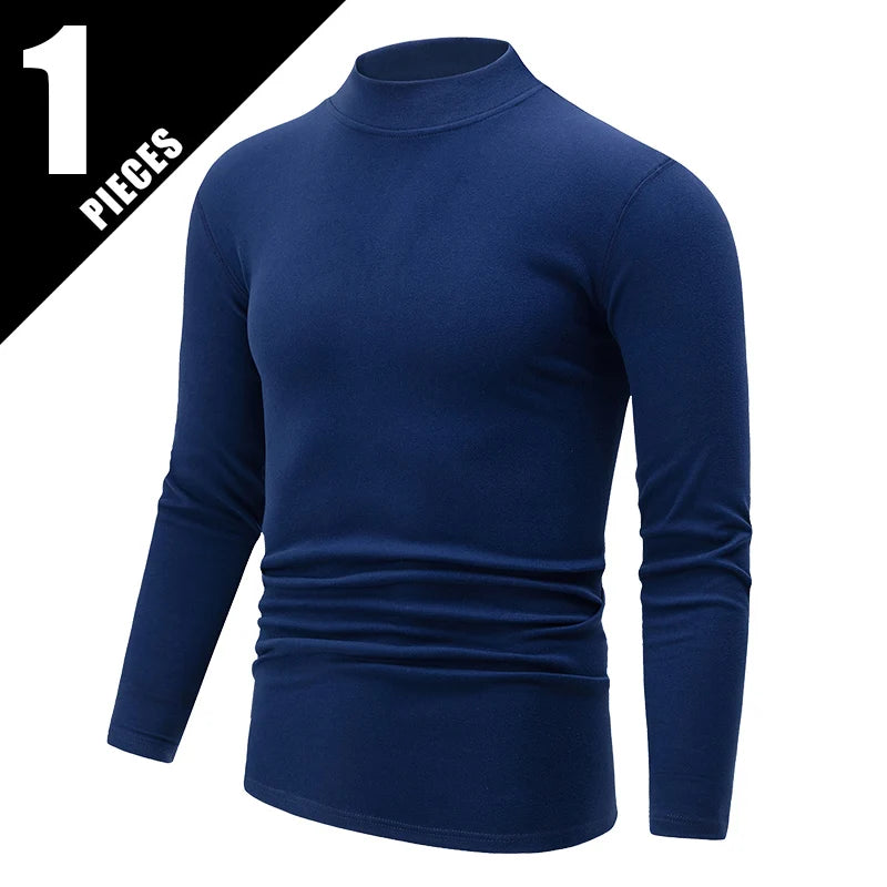 4/1 Piece Autumn And Winter Men's Semi High Neck Warm Windproof Base Top Solid Color Versatile Youth Casual Sports Thick Base T-