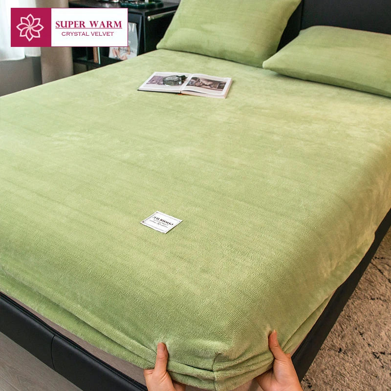 WOSTAR Soft warm plush fitted sheet elastic mattress cover fluffy coral fleece bed linen winter couple luxury double bed bedding