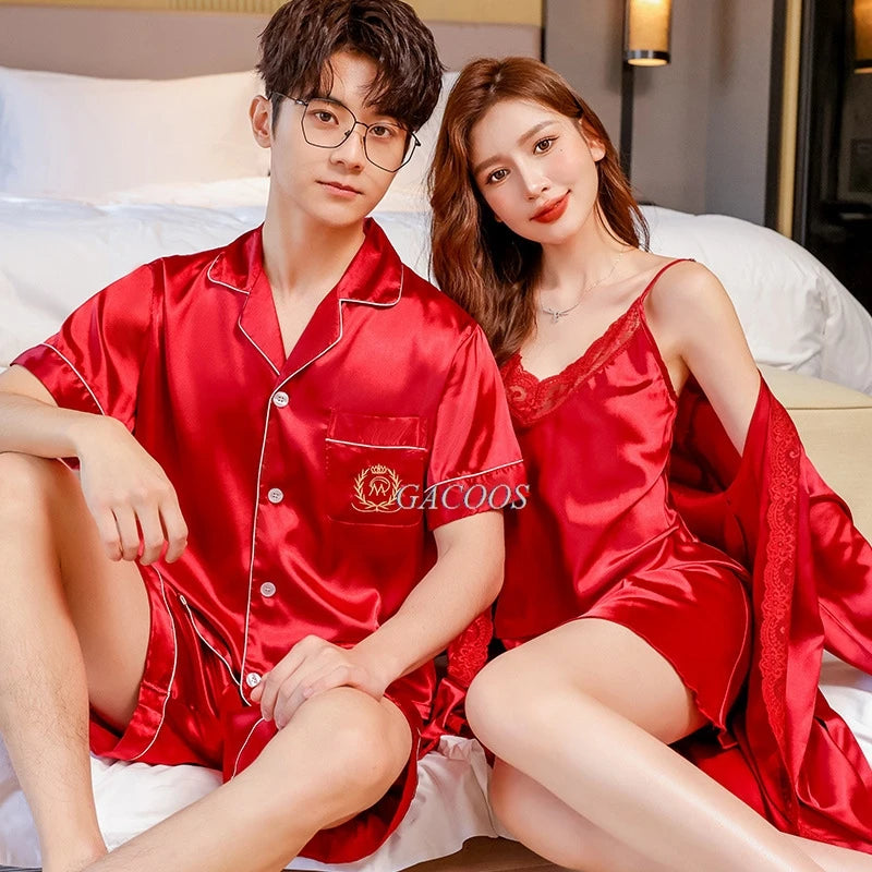 Sexy Lace Pajama Suit Satin Silk Pyjamas Sets Couple Sleepwear Casual Family Pijama Lover Nightgowns Men Women Plus Size Pajamas