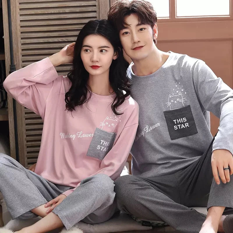Couple's Pijama Sets M-3XL Autumn Spring Pajamas Lovely Cartoon Sleepwear Cotton Pyjamas For Women Man Top Pant Leisure Outwear