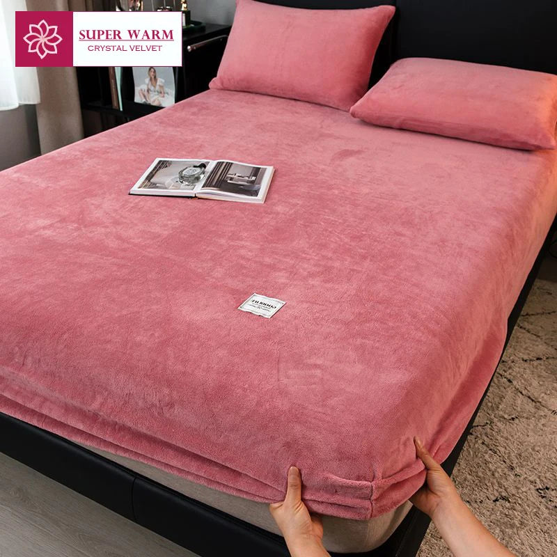 WOSTAR Soft warm plush fitted sheet elastic mattress cover fluffy coral fleece bed linen winter couple luxury double bed bedding