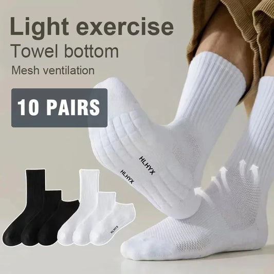 10pairs HLHYX Socks Men's Cotton Deodorant Winter Towel Bottom with Mid-tube White Stockings Thickened Sports Basketball Socks