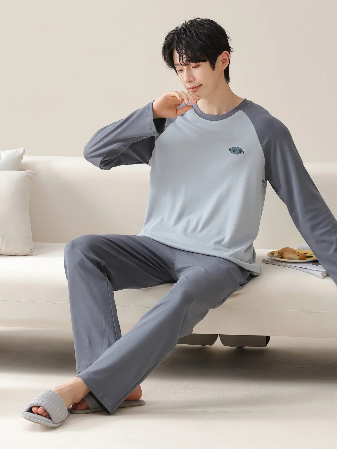 Men's 100% cotton long sleeved four season plus size men's sleepwear, teenage pure cotton home suit set for warmth