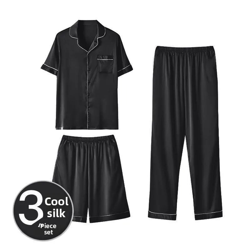 Men's Summer Silk Spwear ort Sve Thin Ice Silk Large Size Home Clothes Tee-piece Set Couple's Lightweight Pajamas
