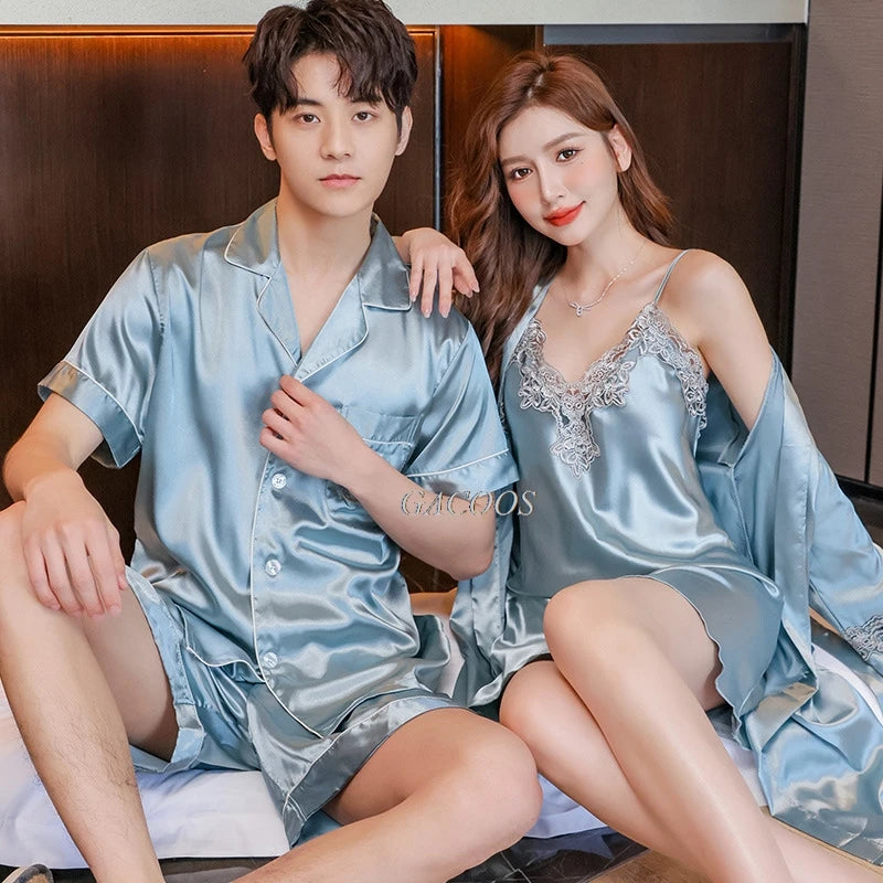Sexy Lace Pajama Suit Satin Silk Pyjamas Sets Couple Sleepwear Casual Family Pijama Lover Nightgowns Men Women Plus Size Pajamas