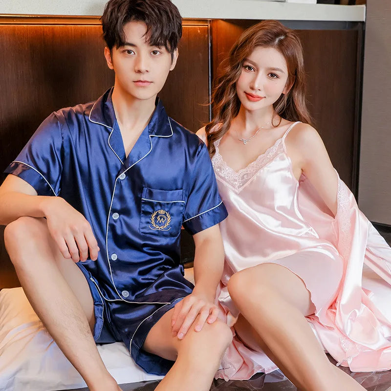 Sexy Lace Pajama Suit Satin Silk Pyjamas Sets Couple Sleepwear Casual Family Pijama Lover Nightgowns Men Women Plus Size Pajamas