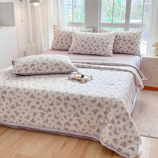 2025 new small fresh printed knitted double-layer yarn Korean version lace summer quilt four-piece summer air conditioner quilt