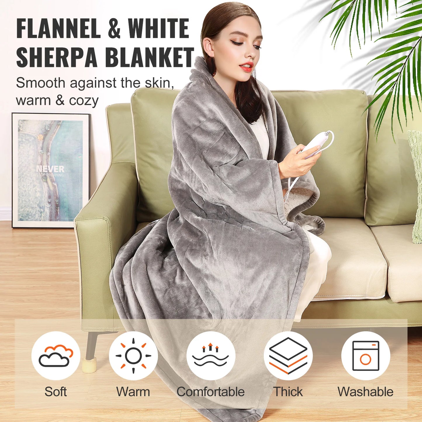 SucceBuy Heated Blanket Electric Throw 4 Sizes Soft Flannel Sherpa Heating Blanket with 3 Hours Timer Auto -off 5 Heating Levels
