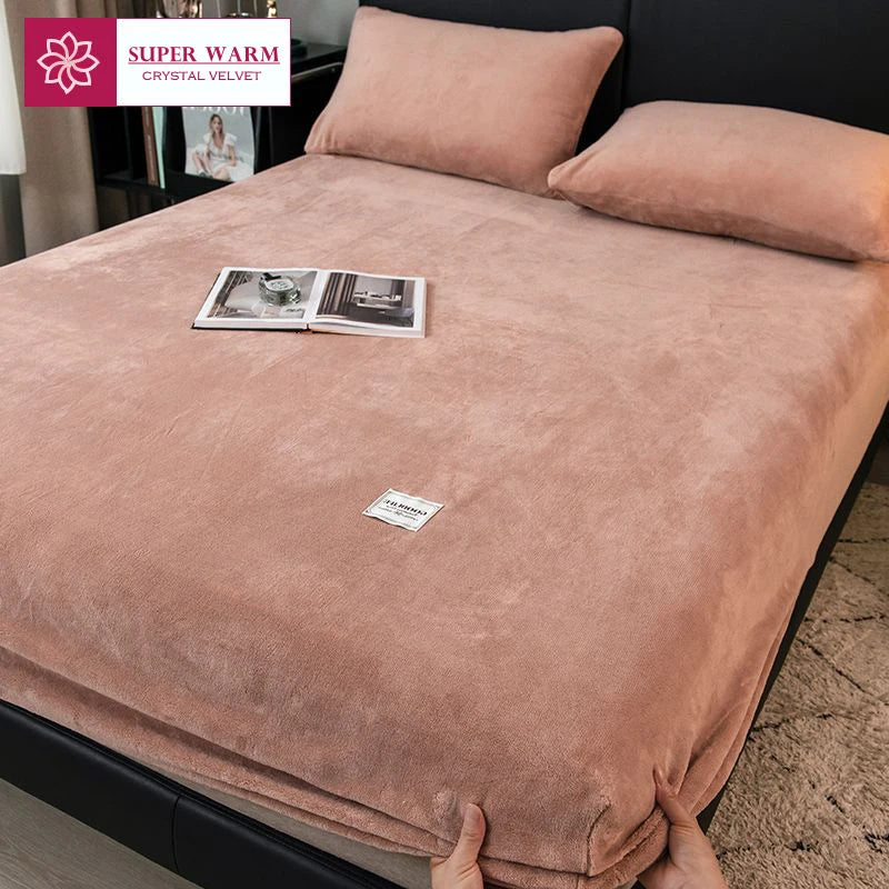 WOSTAR Soft warm plush fitted sheet elastic mattress cover fluffy coral fleece bed linen winter couple luxury double bed bedding