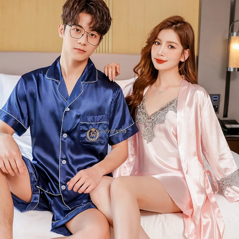 Sexy Lace Pajama Suit Satin Silk Pyjamas Sets Couple Sleepwear Casual Family Pijama Lover Nightgowns Men Women Plus Size Pajamas