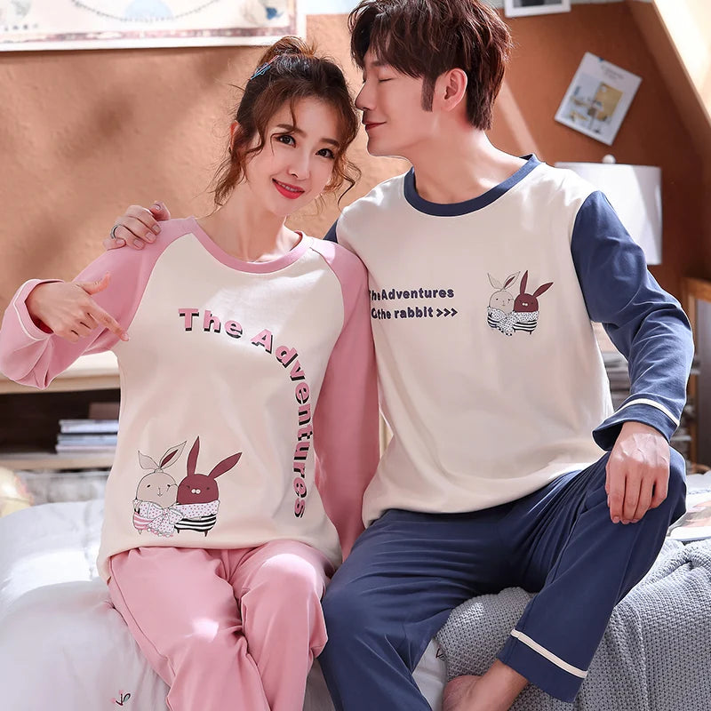 Couple's Pijama Sets M-3XL Autumn Spring Pajamas Lovely Cartoon Sleepwear Cotton Pyjamas For Women Man Top Pant Leisure Outwear