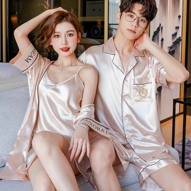 Sexy Lace Pajama Suit Satin Silk Pyjamas Sets Couple Sleepwear Casual Family Pijama Lover Nightgowns Men Women Plus Size Pajamas