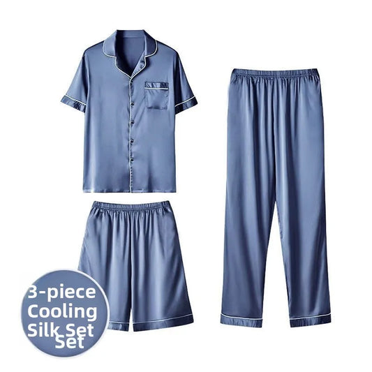 Men's Summer Silk Spwear ort Sve Thin Ice Silk Large Size Home Clothes Tee-piece Set Couple's Lightweight Pajamas