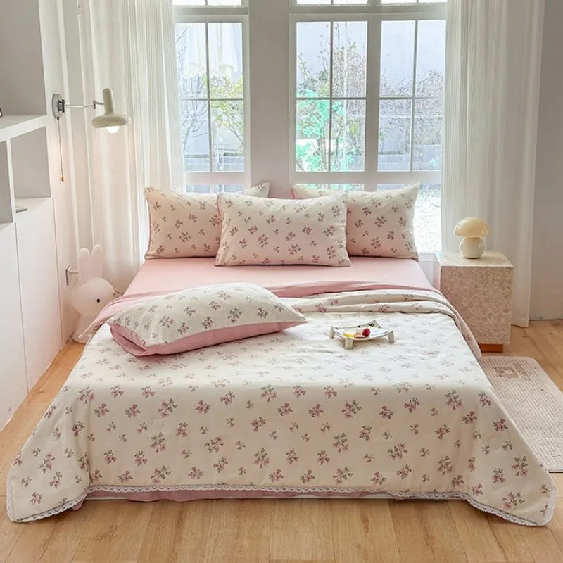 2025 new small fresh printed knitted double-layer yarn Korean version lace summer quilt four-piece summer air conditioner quilt